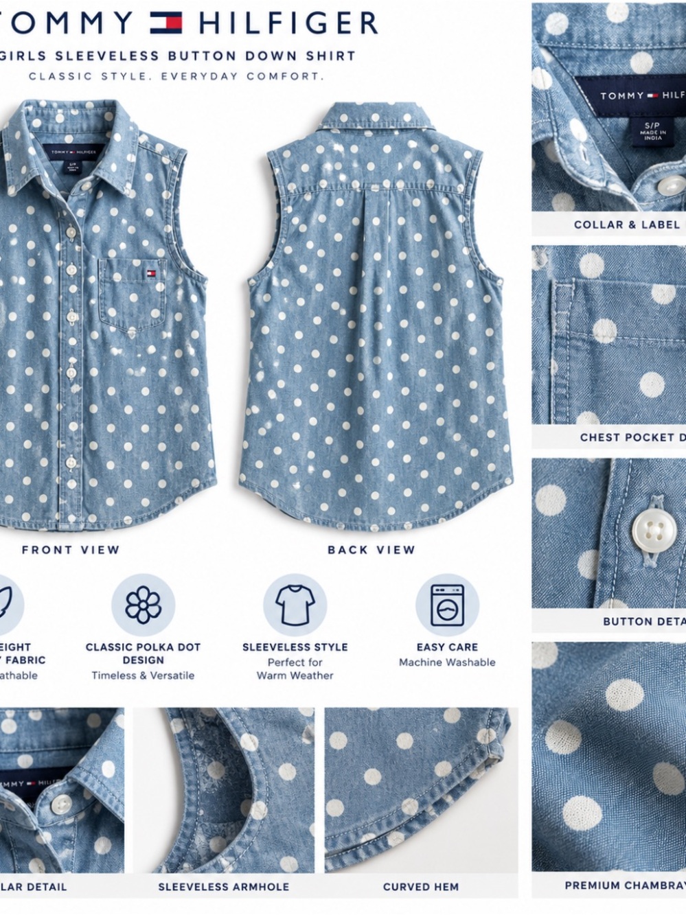 Tommy Hilfiger Girls Polka Dot Chambray Button-Down Shirt - Light Blue & White